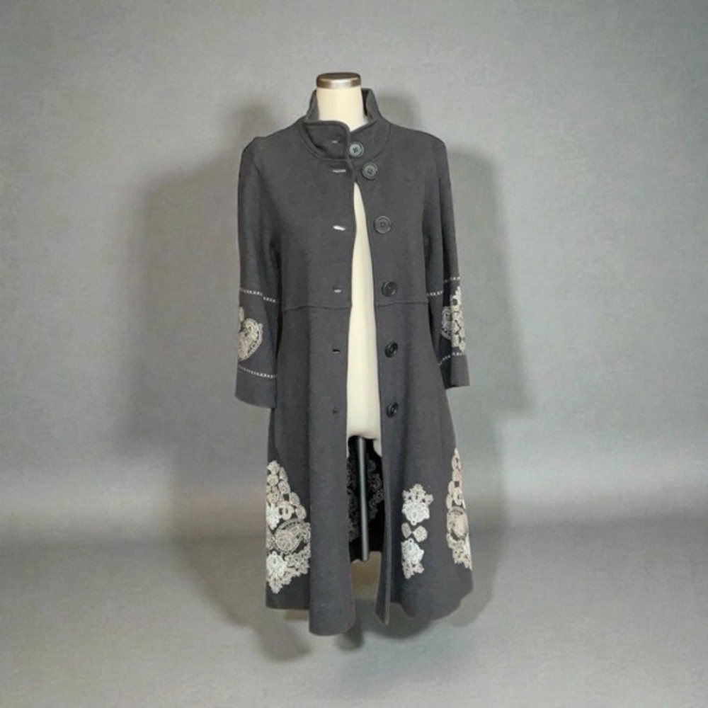 Johnny Was Charcoal Peplum Embroidered Trench Coat